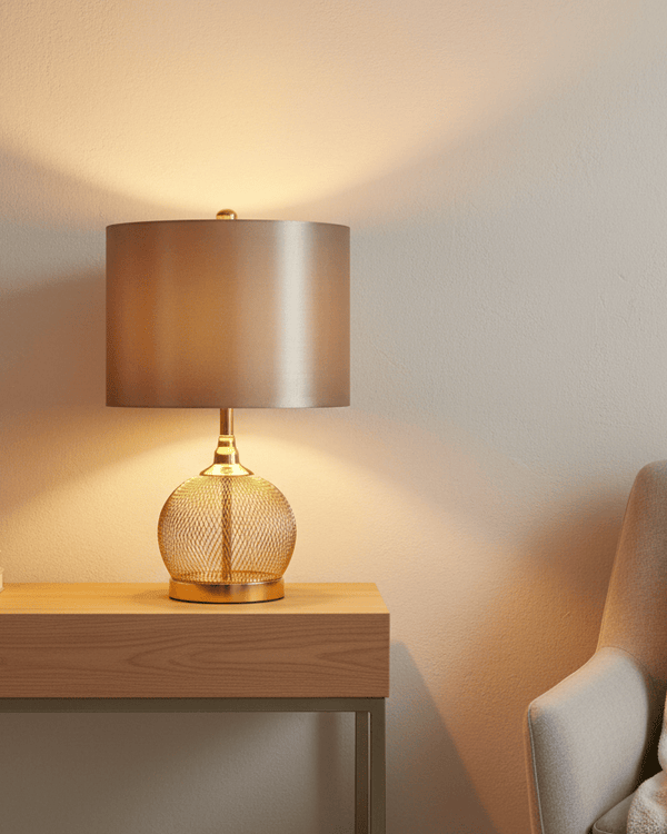 Gold Wire Mesh Table Lamp with Champagne Satin Shade