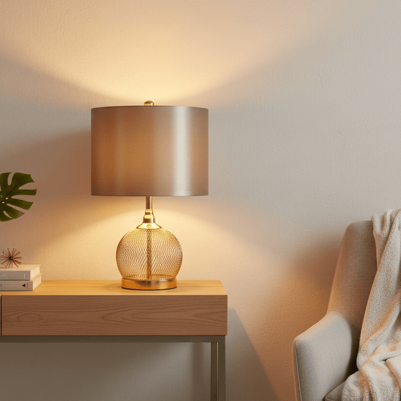 Gold Wire Mesh Table Lamp with Champagne Satin Shade