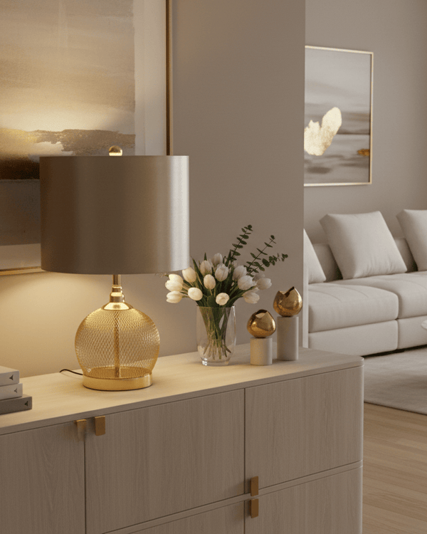 Gold Wire Mesh Table Lamp with Champagne Satin Shade