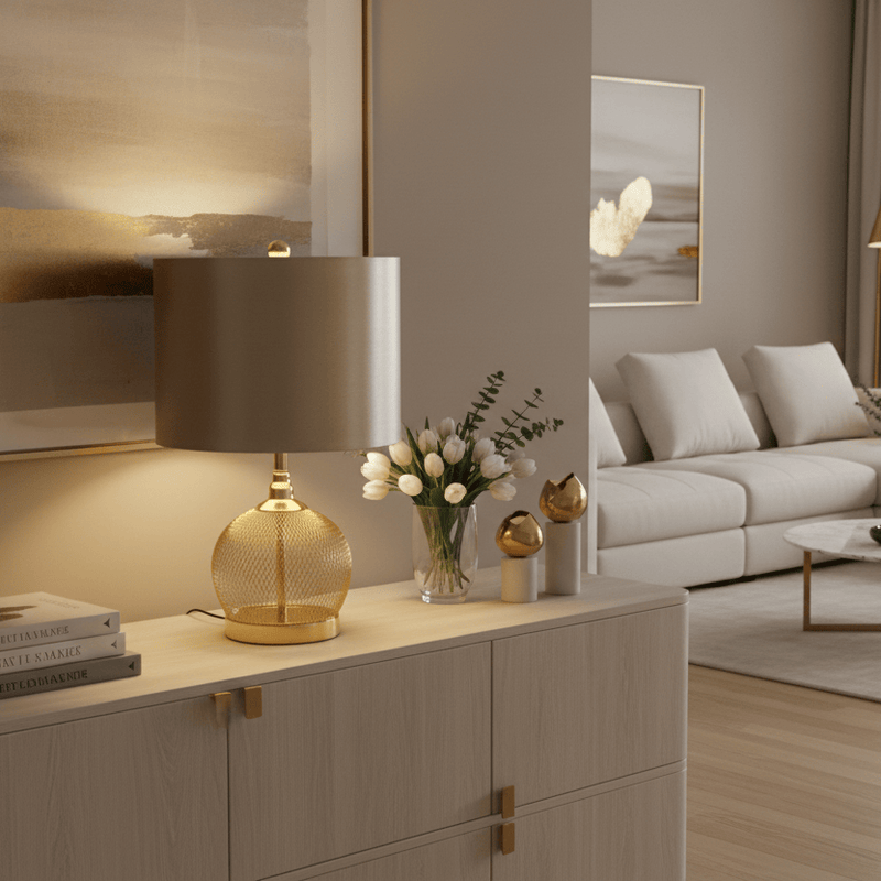 Gold Wire Mesh Table Lamp with Champagne Satin Shade