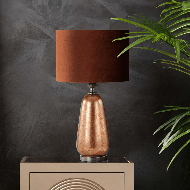 Red Copper Glass Table Lamp with Amber Velvet Shade