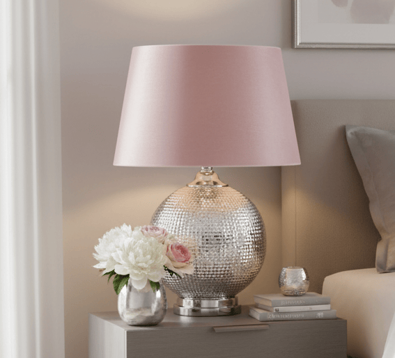 Silver Mercury Glass Ball Table Lamp With Blush Pink Velvet Empire Shade
