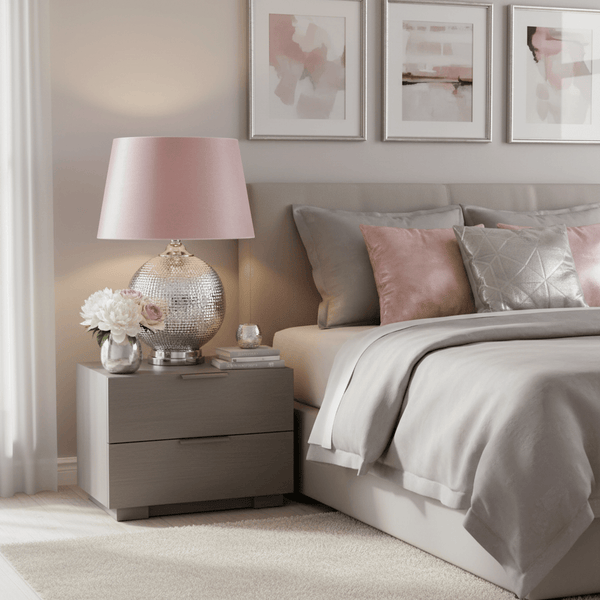 Silver Mercury Glass Ball Table Lamp With Blush Pink Velvet Empire Shade
