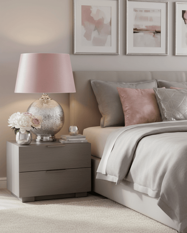Silver Mercury Glass Ball Table Lamp With Blush Pink Velvet Empire Shade
