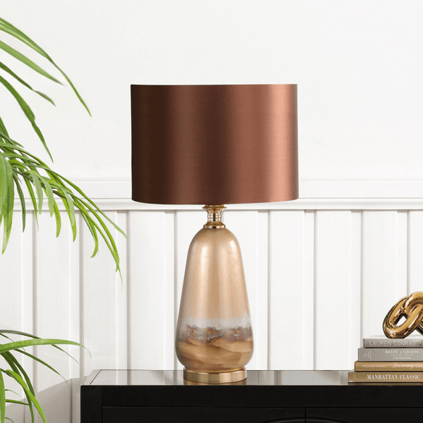 Two-Tone Brown Glass Table Lamp with Dark Brown Satin Shade