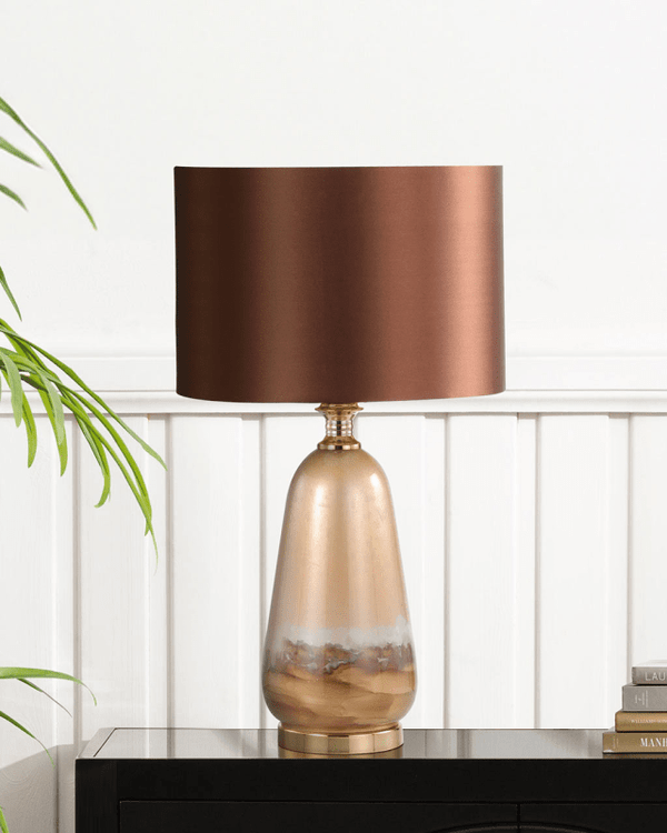 Two-Tone Brown Glass Table Lamp with Dark Brown Satin Shade
