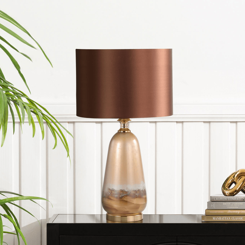 Two-Tone Brown Glass Table Lamp with Dark Brown Satin Shade