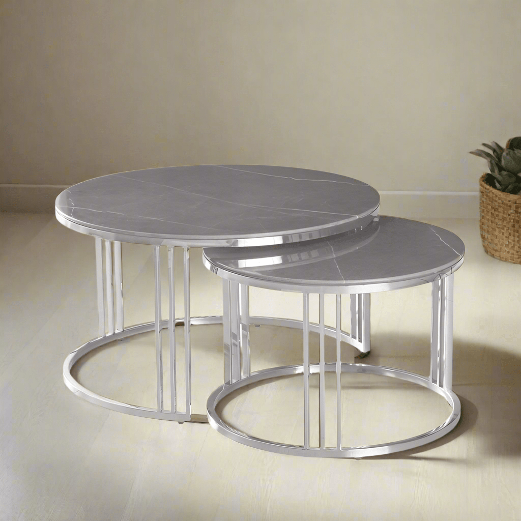 Lina Home Table Set of 2 Chrome Metal Coffee Table with Grey Marble Design Glass Top Coffee Table