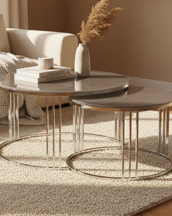 NESTED CHROME METAL COFFEE TABLE WITH GREY MARBLE DESIGN GLASS TOP by Lina Home
