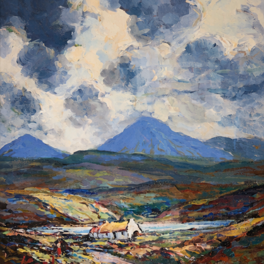 A framed landscape painting of blue mountains under a cloudy sky, displayed on a beige wall above a wooden console table in a styled living room setting.
