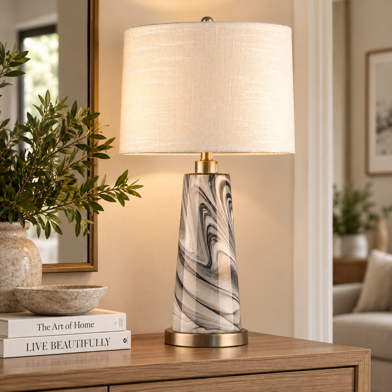 MARA TABLE LAMP – BLACK SWIRL GLASS &amp; TEXTURED WHITE SHADE by simply Hazel
