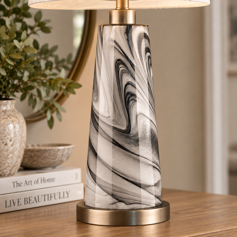 MARA TABLE LAMP – BLACK SWIRL GLASS &amp; TEXTURED WHITE SHADE by simply Hazel