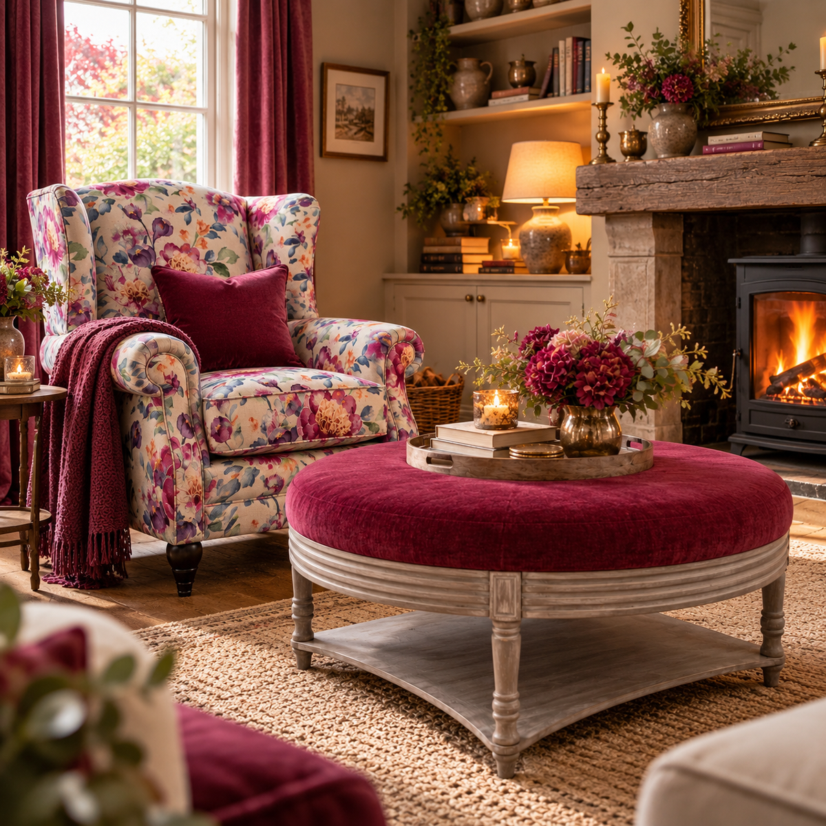 A cozy living room scene featuring a floral wingback armchair with a burgundy throw pillow and blanket, a round velvet ottoman coffee table in deep burgundy, and a warm fireplace in the background.