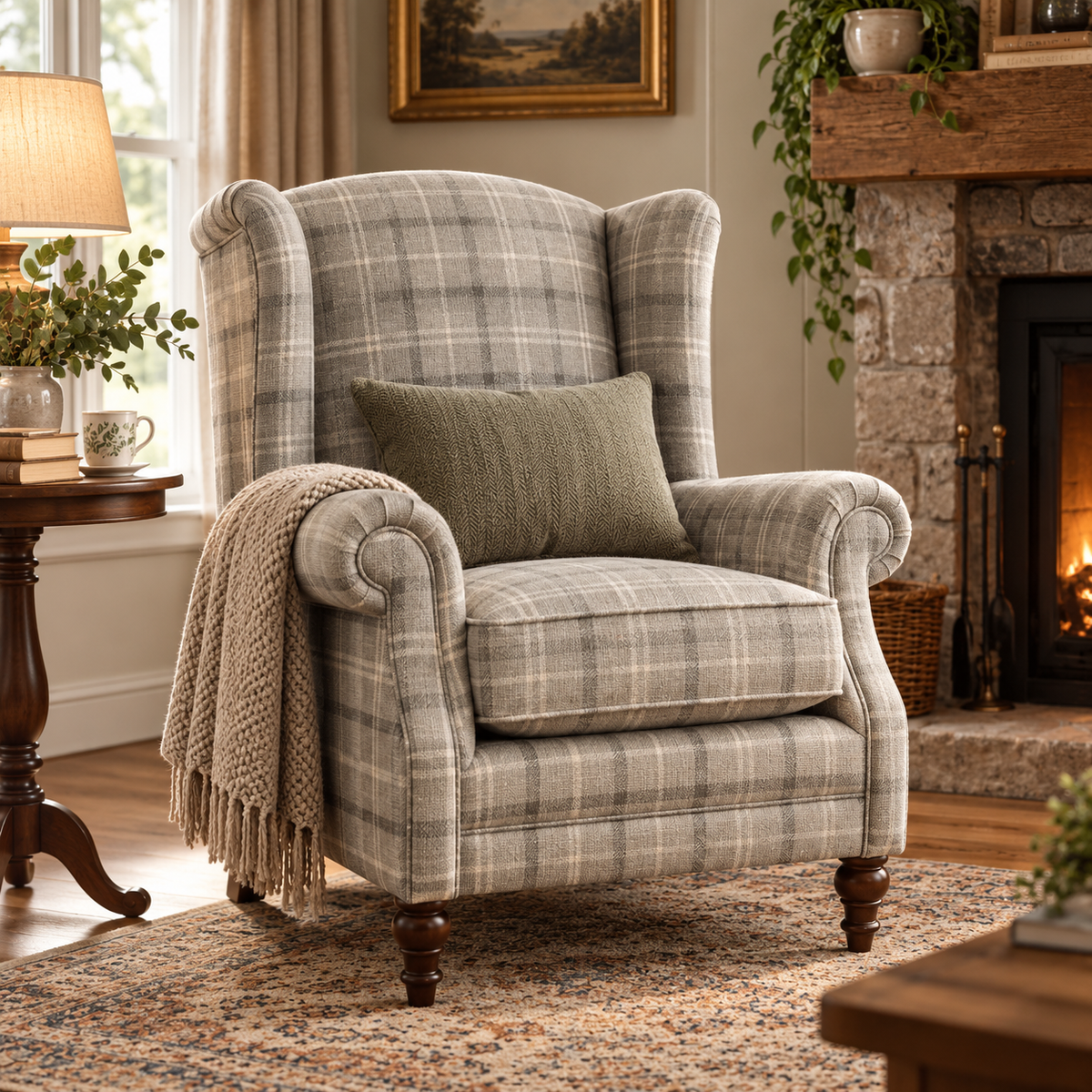 PRINCESS MAYA CUSTOM WINGBACK ARMCHAIR – GREY CHECK  simply HAZEL | Handmade and Upholstered in Ireland