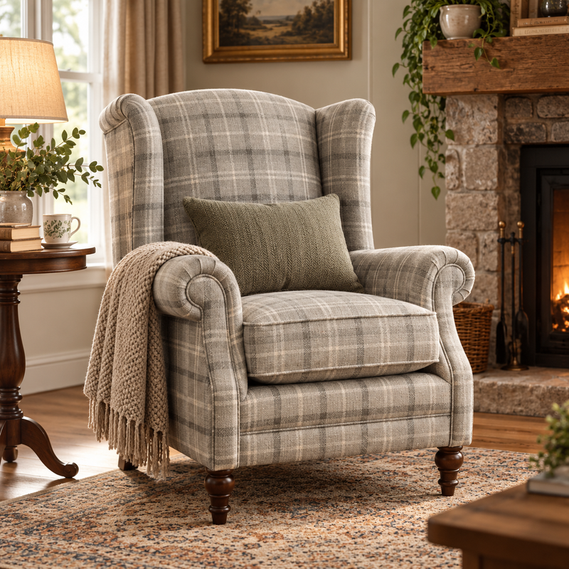 PRINCESS MAYA CUSTOM WINGBACK ARMCHAIR – GREY CHECK  simply HAZEL | Handmade and Upholstered in Ireland