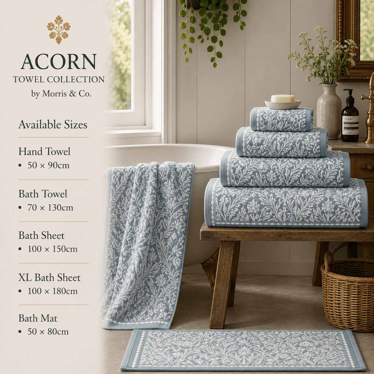 Morris & Co (Riva Home) Home Accessories Mineral / Hand Towel  • 50 × 90cm ACORN TOWEL COLLECTION by Morris & Co