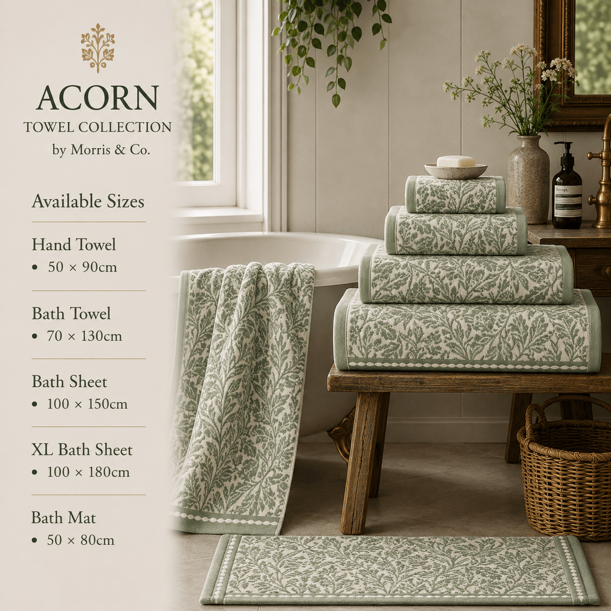 Morris & Co (Riva Home) Home Accessories Sage / Hand Towel  • 50 × 90cm ACORN TOWEL COLLECTION by Morris & Co