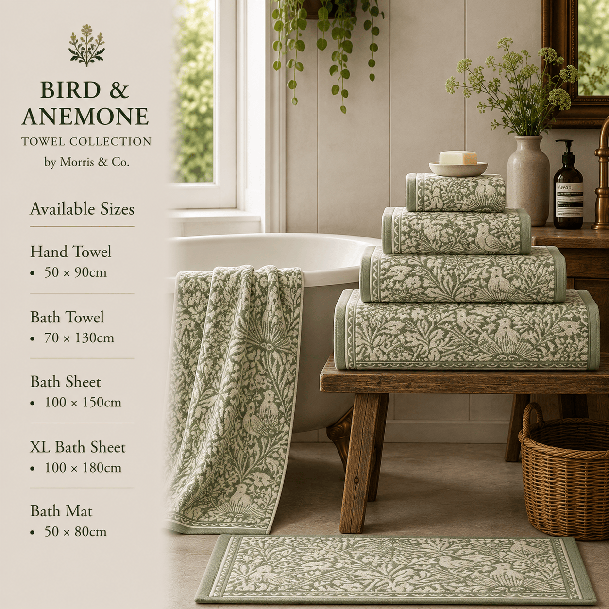 Morris & Co (Riva Home) Home Accessories Sage / Hand Towel  • 50 × 90cm BIRD & ANEMONE TOWEL COLLECTION by Morris & Co
