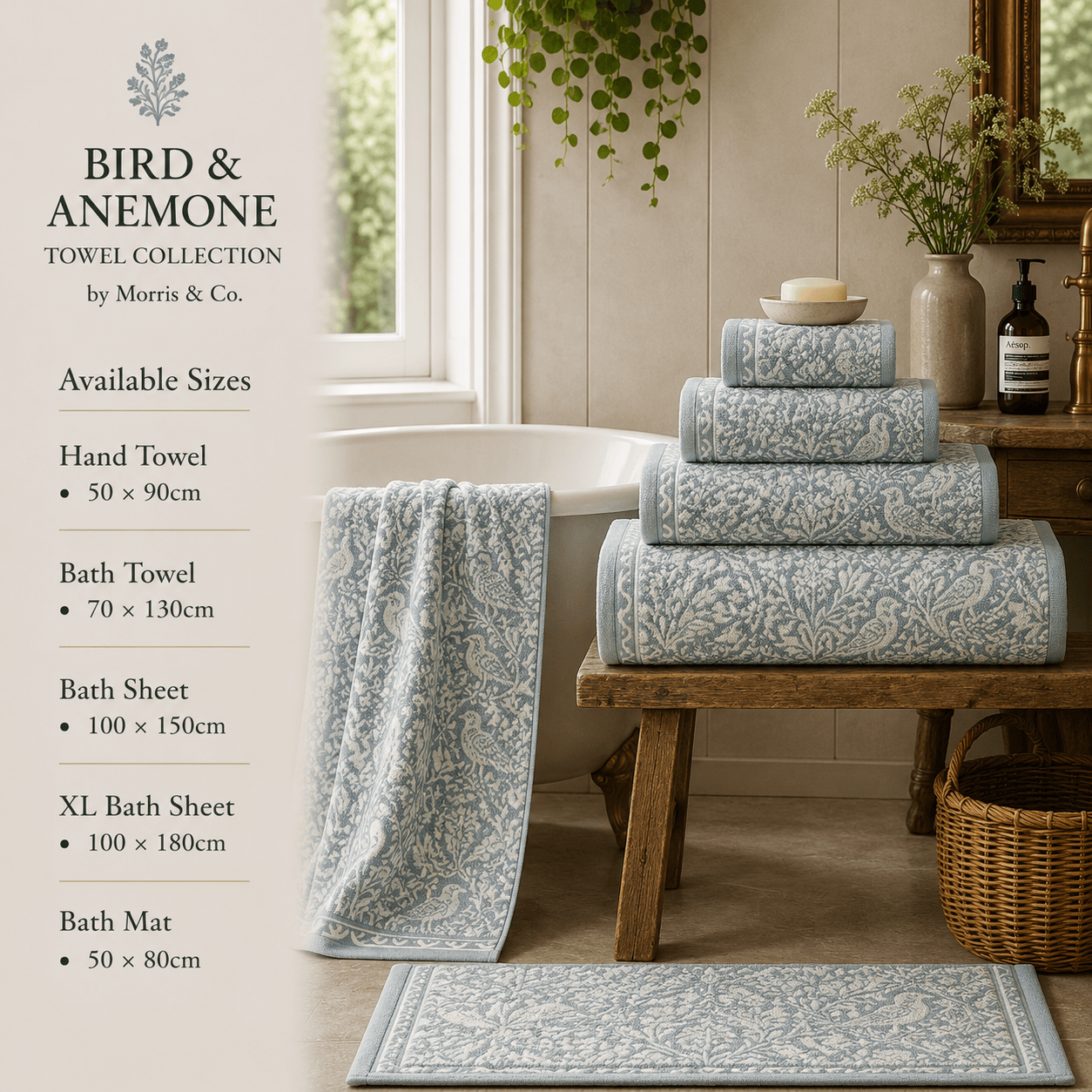 Morris & Co (Riva Home) Home Accessories Slate Blue / Hand Towel  • 50 × 90cm BIRD & ANEMONE TOWEL COLLECTION by Morris & Co