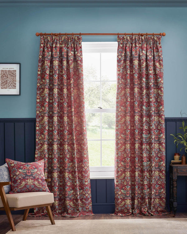 Morris & Co Strawberry Thief Jacquard Floral Pencil Pleat Curtains / Berry