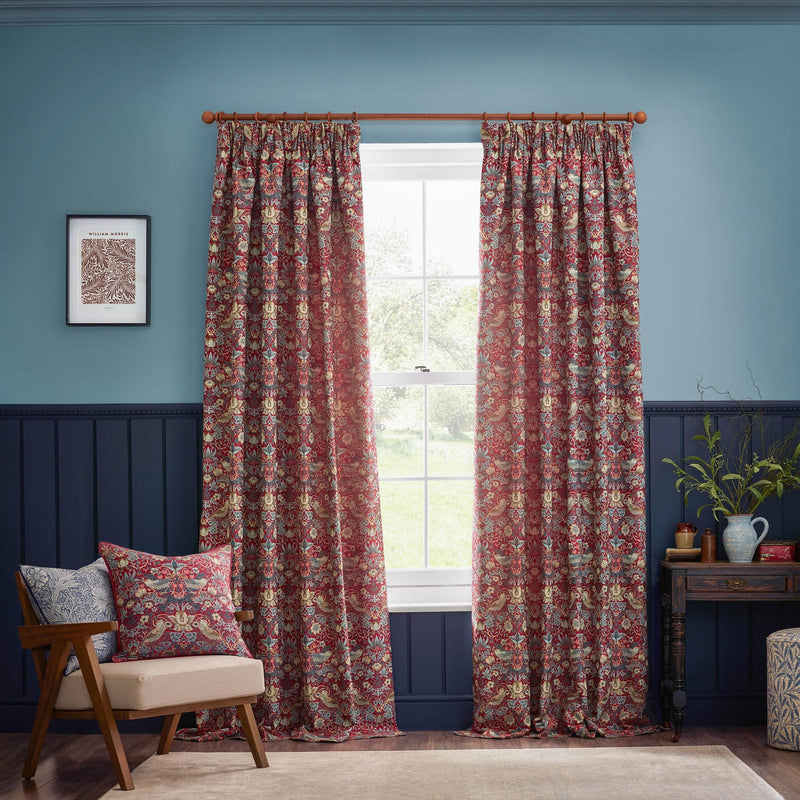 Morris & Co Strawberry Thief Jacquard Floral Pencil Pleat Curtains / Berry