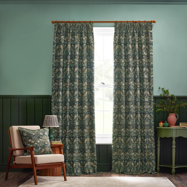 Morris & Co Strawberry Thief Jacquard Floral Pencil Pleat Curtains / Forest