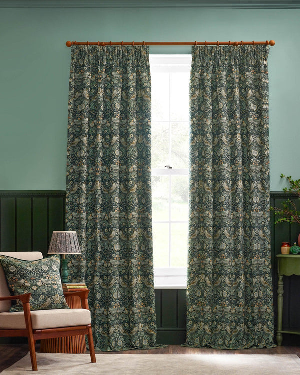 Morris & Co Strawberry Thief Jacquard Floral Pencil Pleat Curtains / Forest