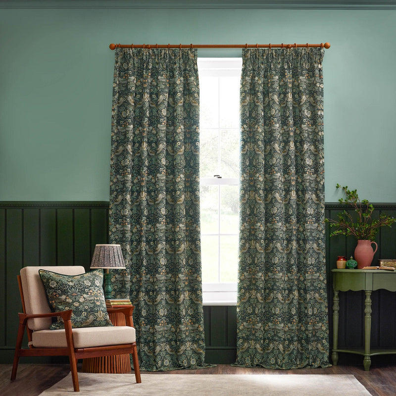 Morris & Co Strawberry Thief Jacquard Floral Pencil Pleat Curtains / Forest