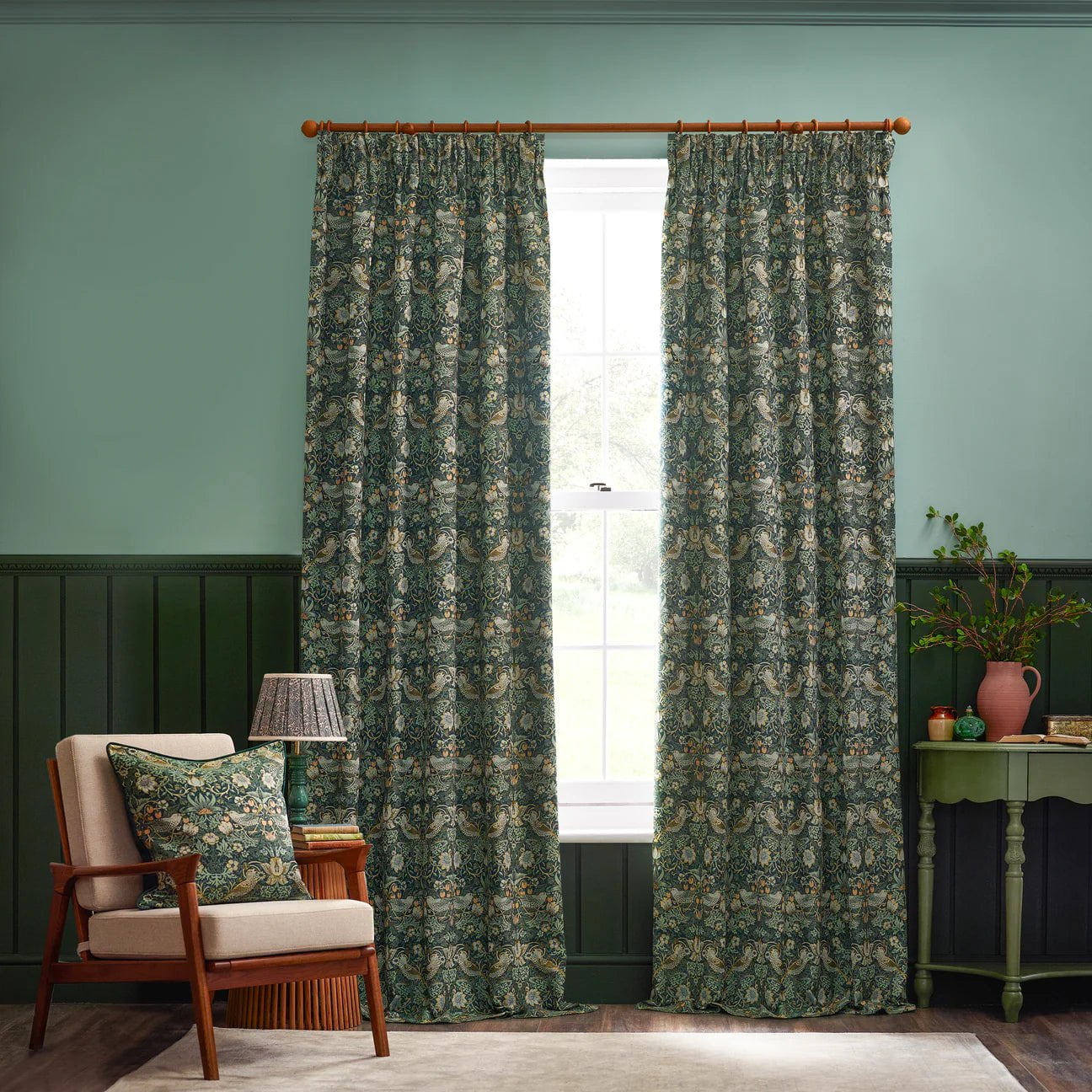 Morris & Co (Riva Home) Morris & Co Curtains Forest Morris & Co Strawberry Thief Jacquard Pencil Pleat Curtains