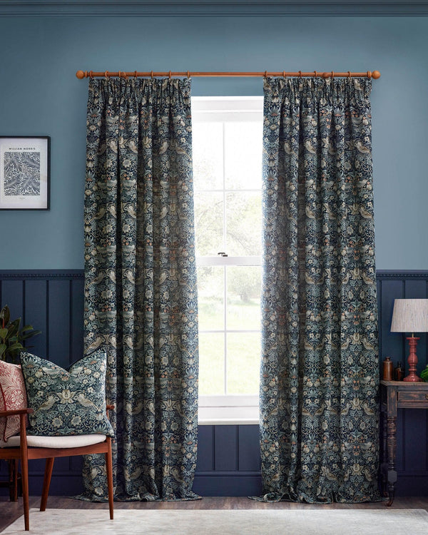 Morris & Co Strawberry Thief Jacquard Floral Pencil Pleat Curtains / Indigo