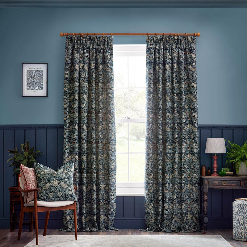 Morris & Co Strawberry Thief Jacquard Floral Pencil Pleat Curtains / Indigo