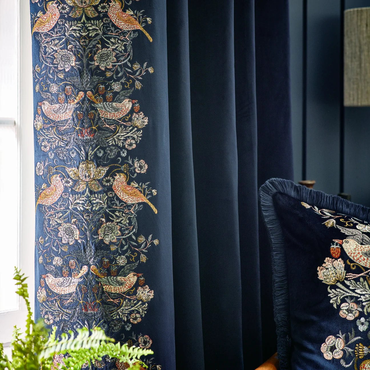 Morris & Co (Riva Home) Morris & Co Curtains Indigo Morris & Co Strawberry Thief Embroidered Pencil Pleat Curtains