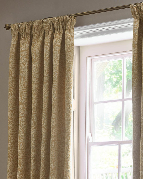 Morris & Co Acorn Tonal Matt Jacquard Pencil Pleat Curtains in Gold