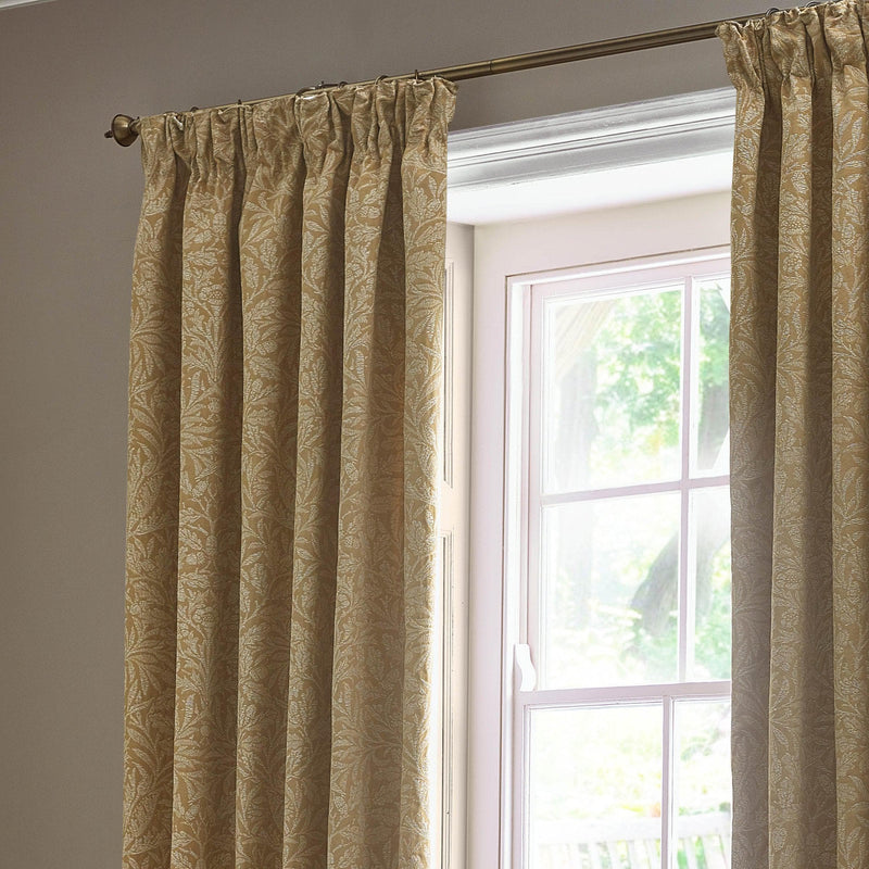 Morris & Co Acorn Tonal Matt Jacquard Pencil Pleat Curtains in Gold