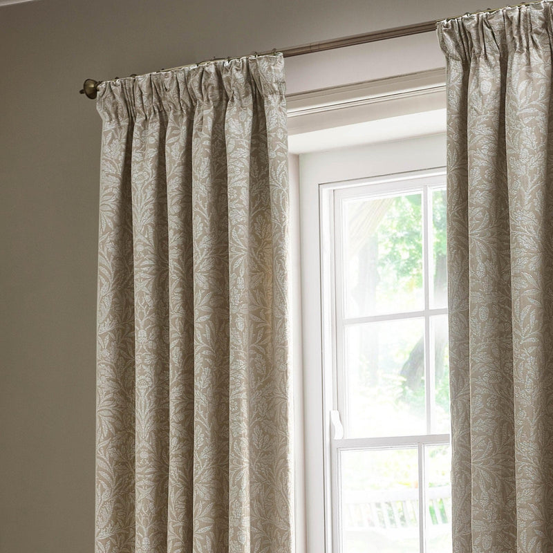 Morris & Co Acorn Tonal Matt Jacquard Pencil Pleat Curtains in Linen