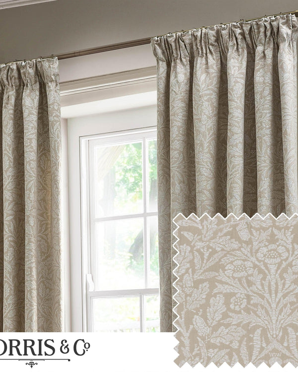 Morris & Co Acorn Tonal Matt Jacquard Pencil Pleat Curtains in Linen