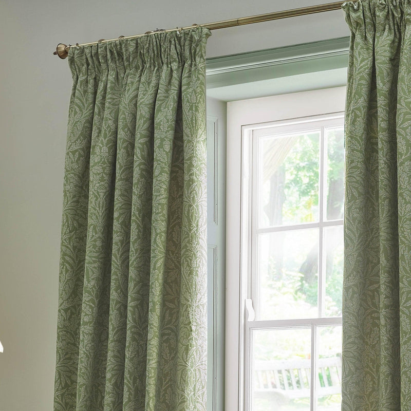 Morris & Co Acorn Tonal Matt Jacquard Pencil Pleat Curtains in Sage