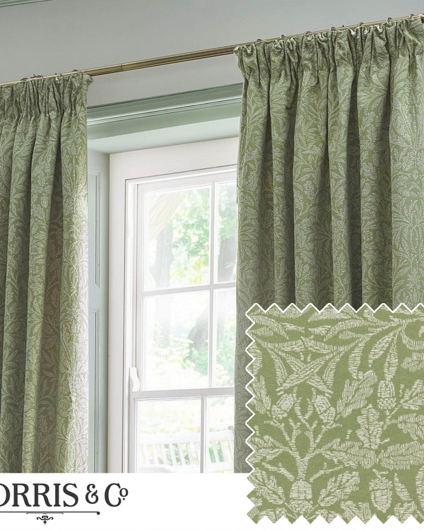 Morris & Co Acorn Tonal Matt Jacquard Pencil Pleat Curtains in Sage