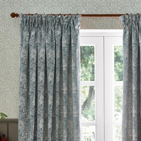 Morris & Co Marigold Floral Jacquard Pencil Pleat Curtains in Indigo