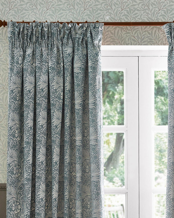Morris & Co Marigold Floral Jacquard Pencil Pleat Curtains in Indigo