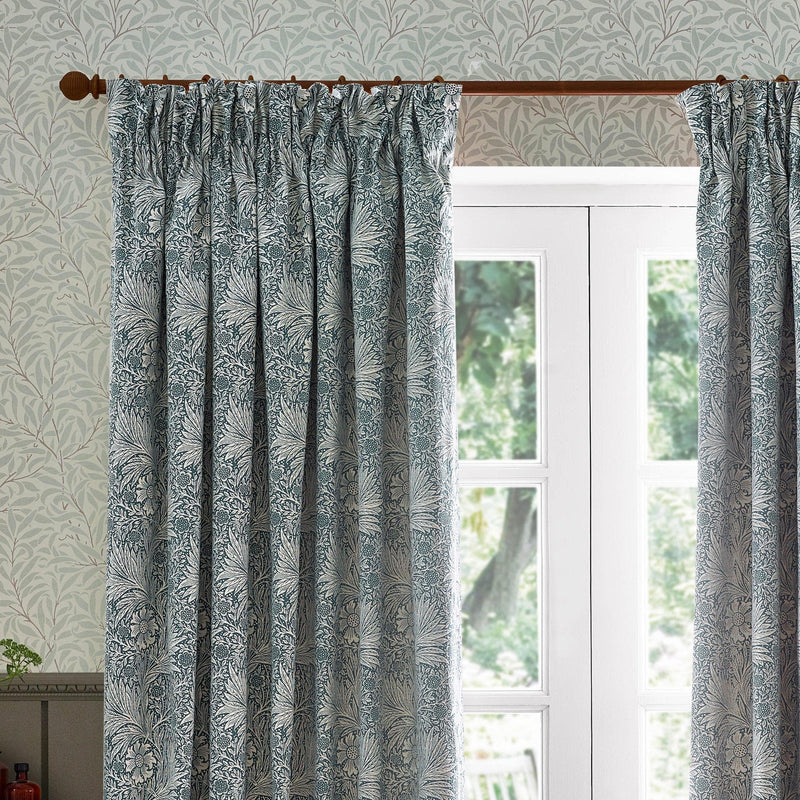 Morris & Co Marigold Floral Jacquard Pencil Pleat Curtains in Indigo
