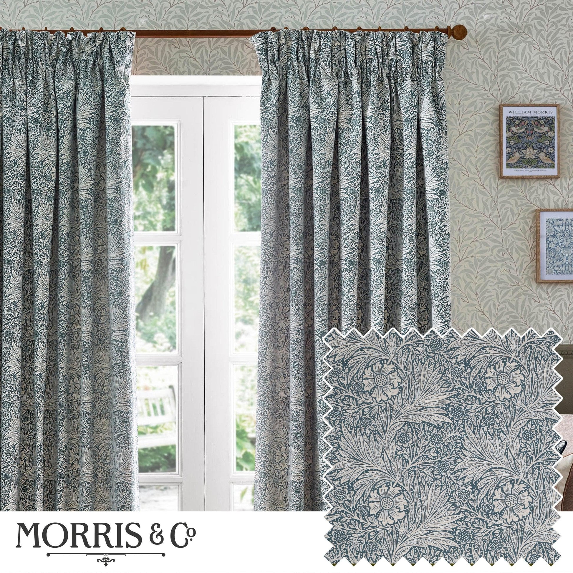 Morris & Co (Riva Home) Morris & Co Curtains Morris & Co Marigold Floral Jacquard Pencil Pleat Curtains in Indigo