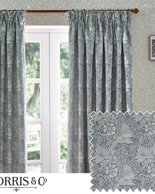 Morris & Co Marigold Floral Jacquard Pencil Pleat Curtains in Indigo
