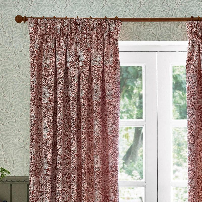 Morris & Co Marigold Floral Jacquard Pencil Pleat Curtains in Russet