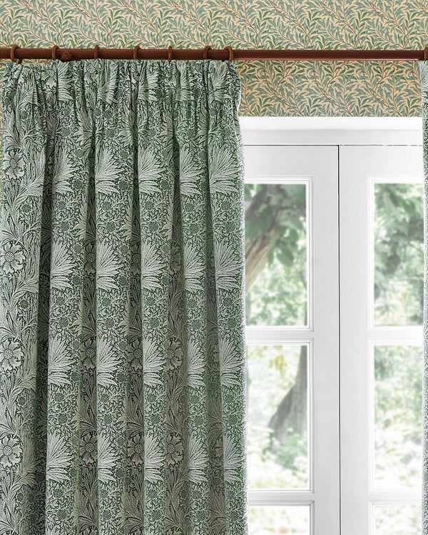 Morris & Co Marigold Floral Jacquard Pencil Pleat Curtains Leaf