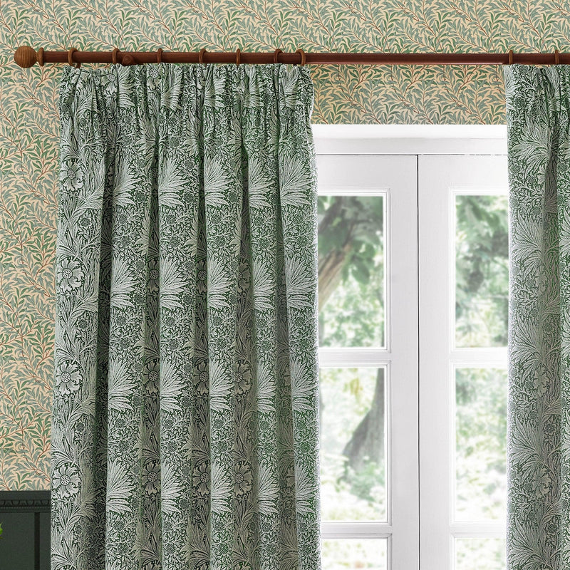 Morris & Co Marigold Floral Jacquard Pencil Pleat Curtains Leaf
