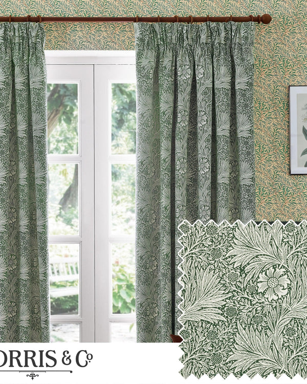 Morris & Co Marigold Floral Jacquard Pencil Pleat Curtains Leaf
