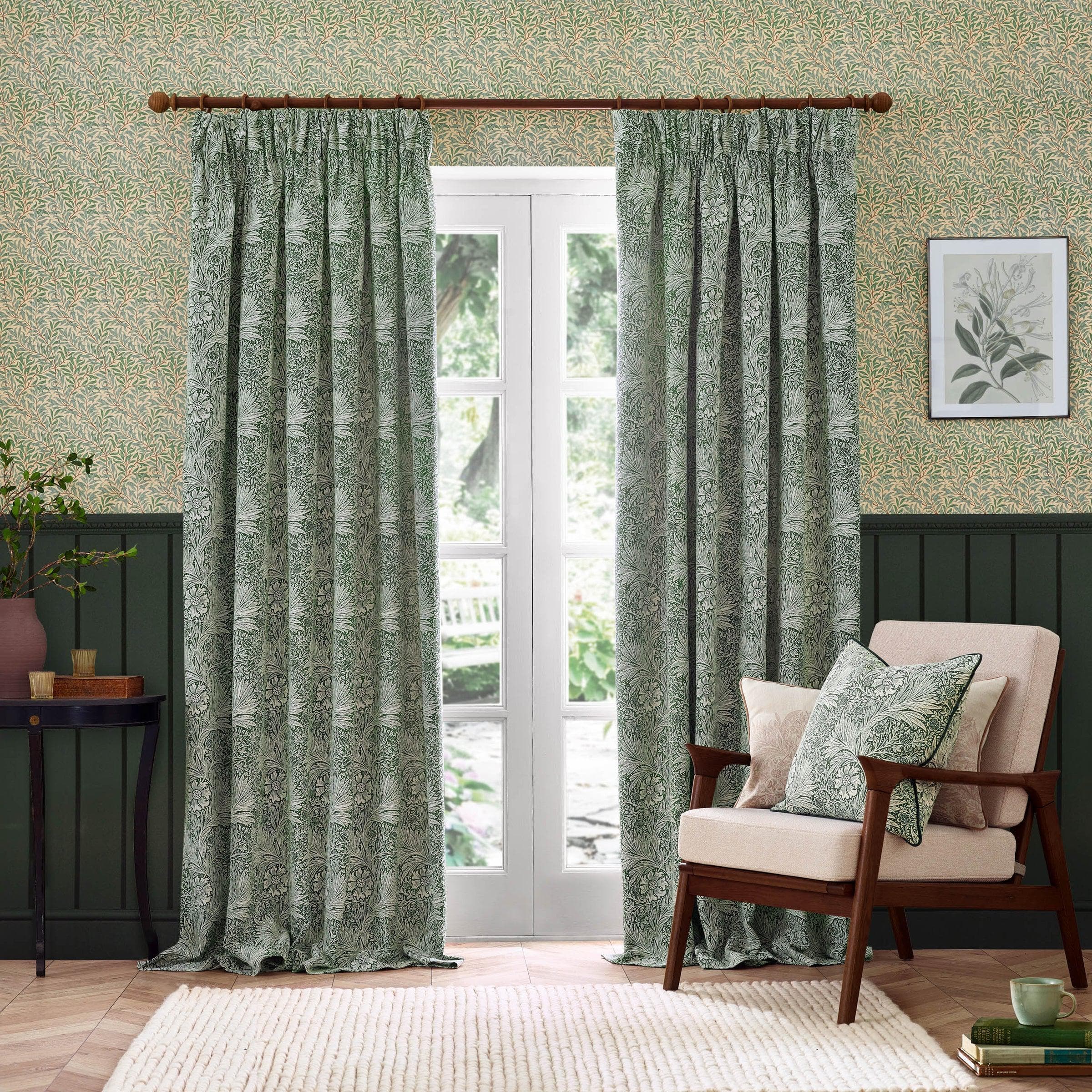 Morris & Co (Riva Home) Morris & Co Curtains Morris & Co Marigold Floral Jacquard Pencil Pleat Curtains Leaf