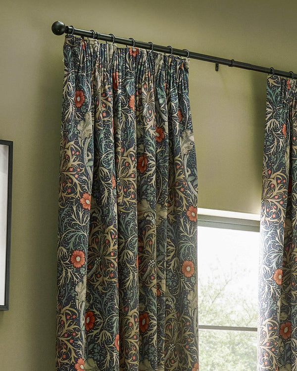 Morris & Co Seaweed Printed Velvet Pencil Pleat Curtains in Indigo