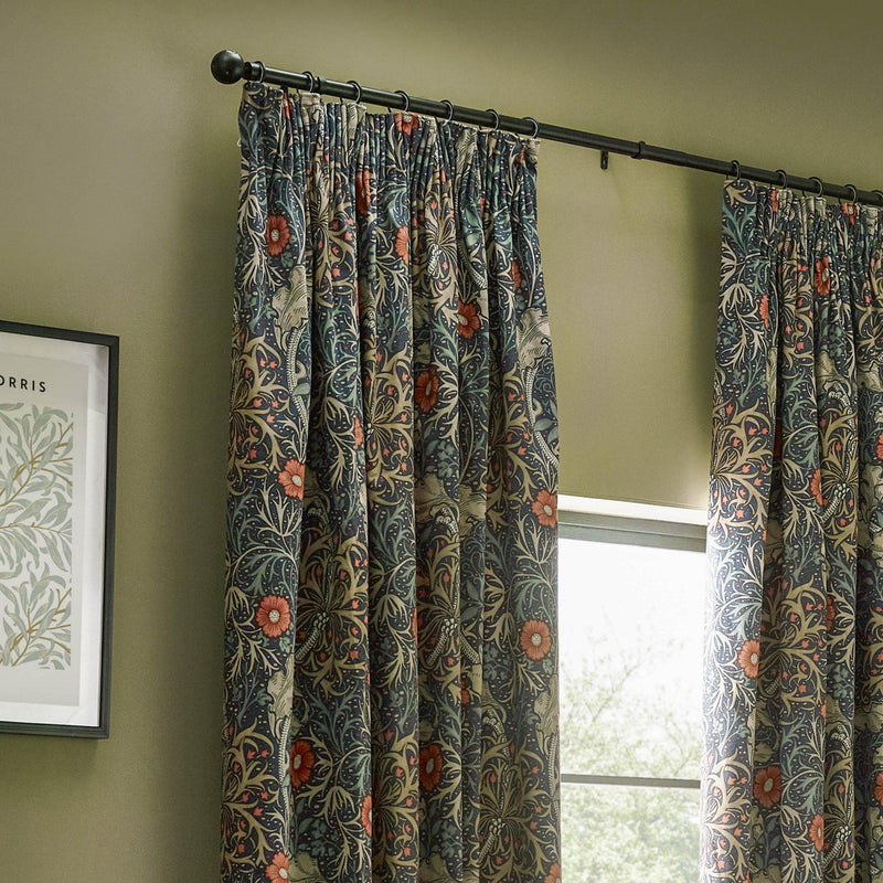 Morris & Co Seaweed Printed Velvet Pencil Pleat Curtains in Indigo